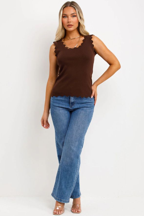 Knitted Vest Top With Scalloped Neck Brown