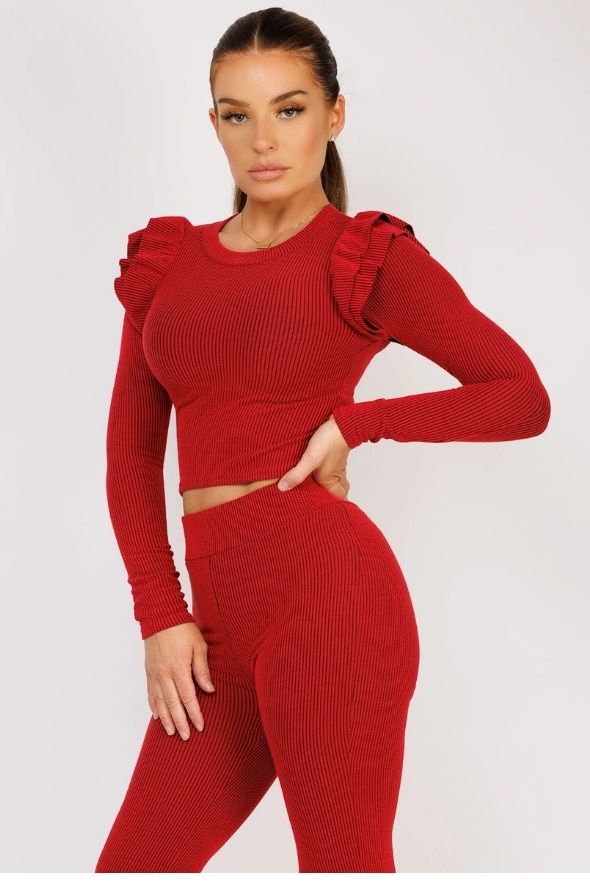 Red Ribbed Frill Shoulder Long Sleeve Top & Flared Trouser Set