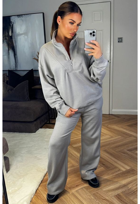 Half Zip Sweatshirt And Joggers Loungewear Set Dove Grey