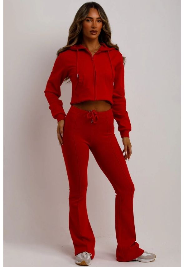 Crop Sweatshirt Hoodie And Bell Bottom Trousers Loungewear Set Red