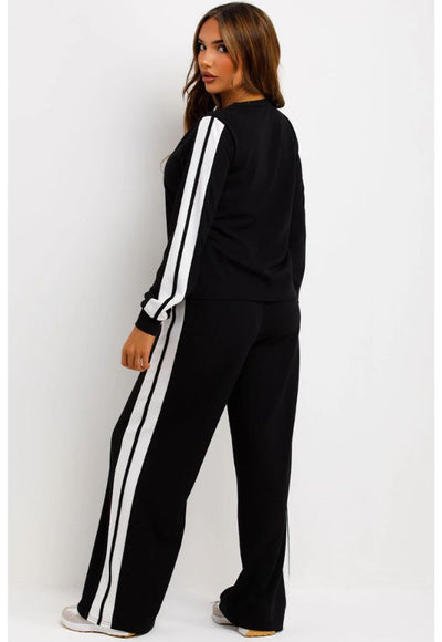 Jumper And Trousers Loungewear Set With Contrast Stripe Split Detail Black