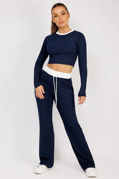 Navy Wide Leg Trousers and Long Sleeve Top Loungewear Set