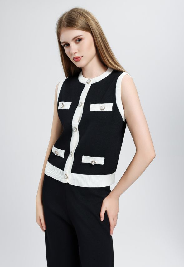 Ribbed Contrast Trim Waistcoat and Wide Trousers Set Black