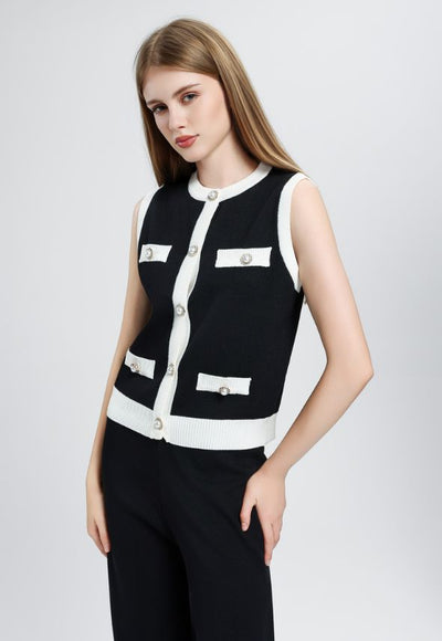 Ribbed Contrast Trim Waistcoat and Wide Trousers Set Black