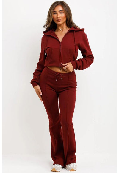 Crop Sweatshirt Hoodie And Bell Bottom Trousers Loungewear Burgundy