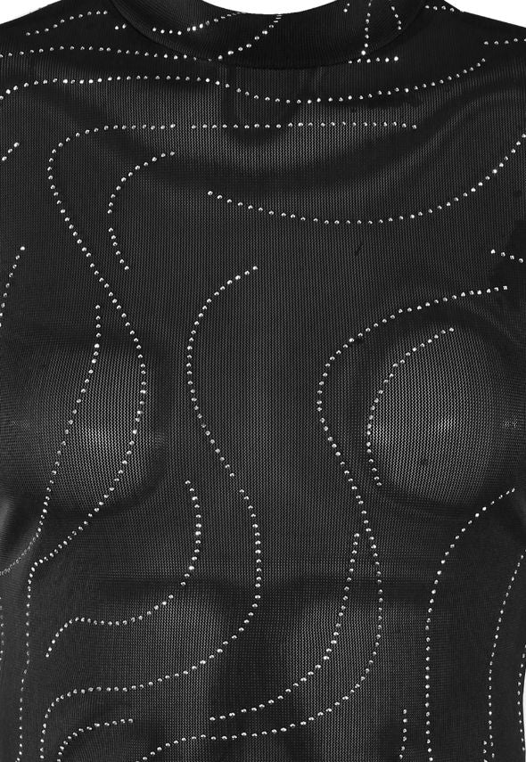 Wavy Diamante Mesh Bodysuit Black