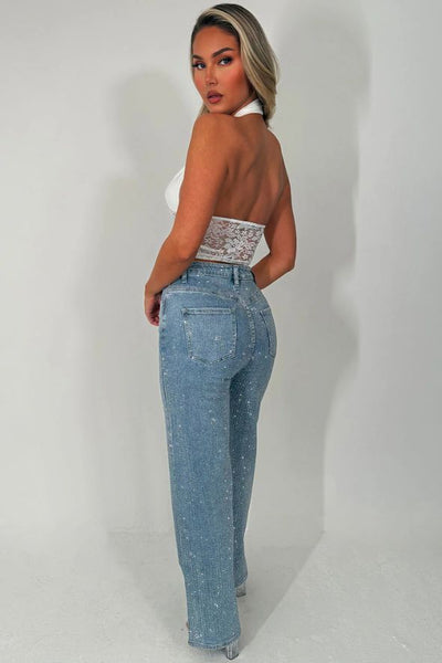 White Plunge Halter Neck Crop Top With Lace Hem