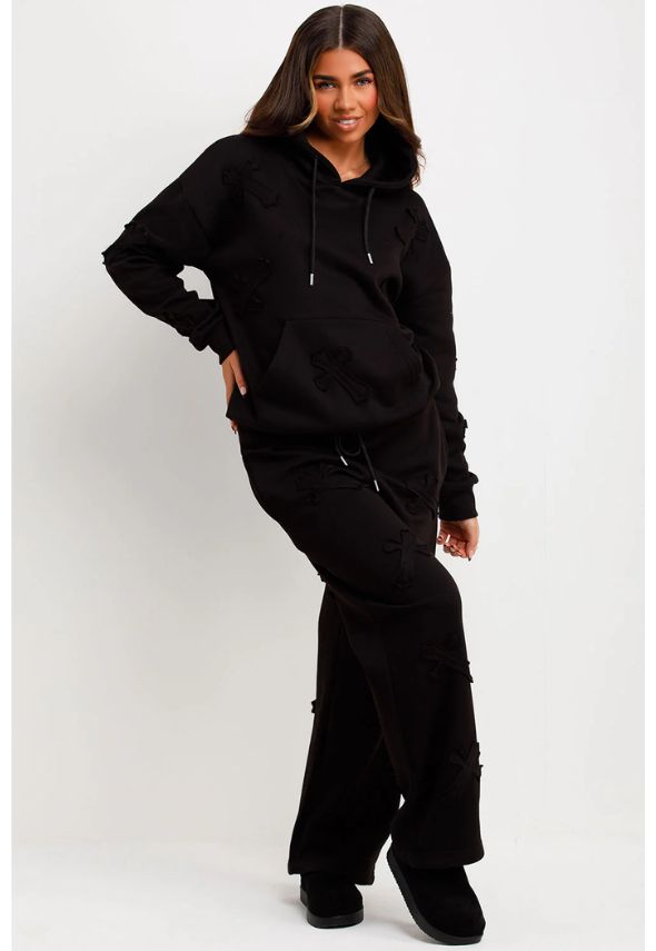 Crucifix Patch Hoodie And Joggers Tracksuit Lounge Set Black