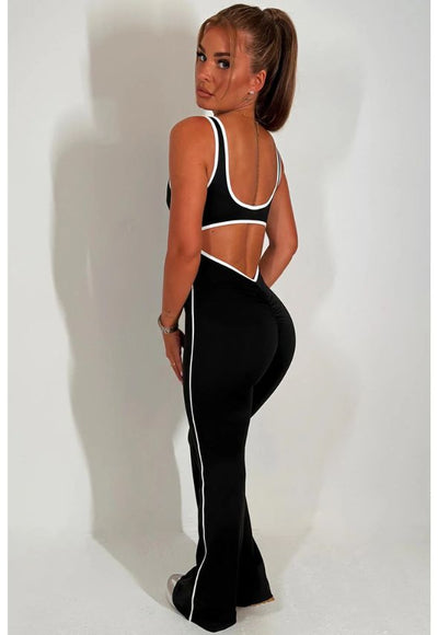 Skinny Flare Leg Jumpsuit With Open Back Black