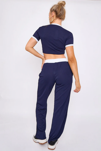 Navy Blue Ribbed Crop Top & Wide Leg Trouser Co-ord - Magnolia