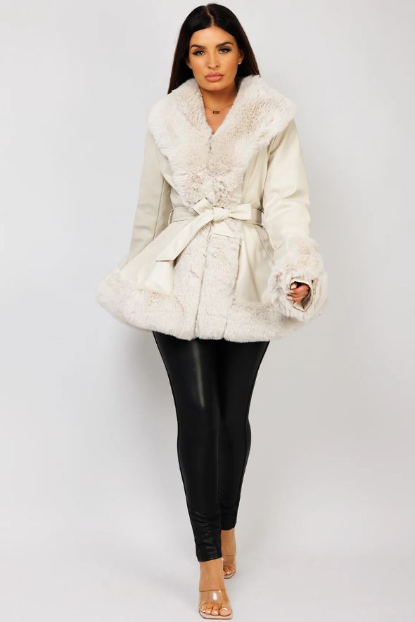 Beige Faux Fur Vegan Leather Swing Coat Jacket