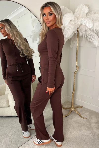 Brown Ribbed Long Sleeve Co-ord Set