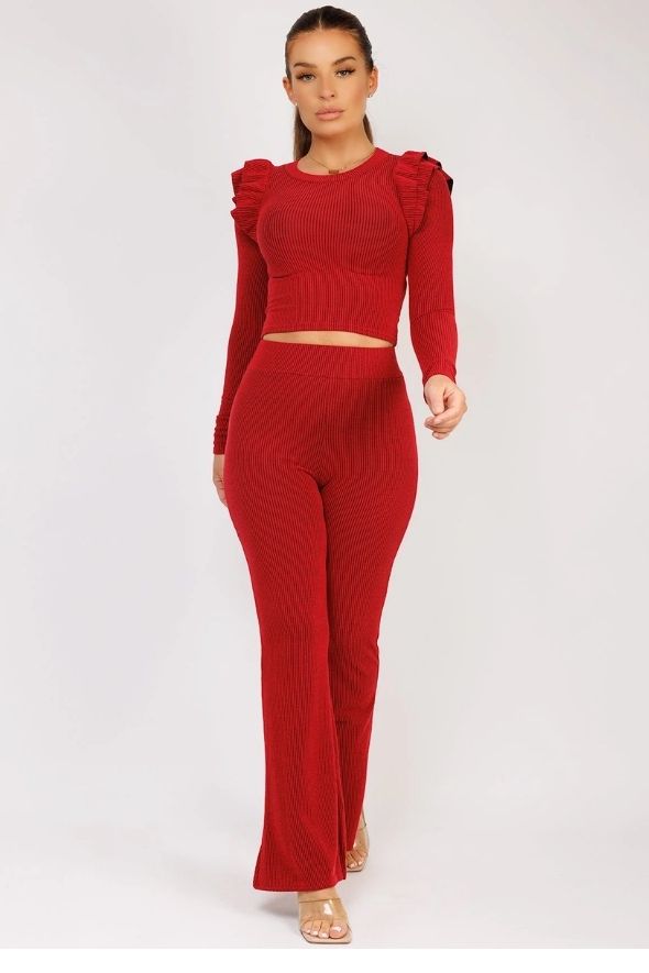 Red Ribbed Frill Shoulder Long Sleeve Top & Flared Trouser Set