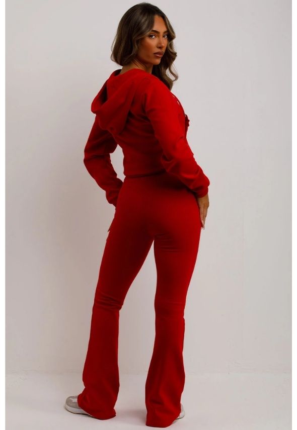 Crop Sweatshirt Hoodie And Bell Bottom Trousers Loungewear Set Red
