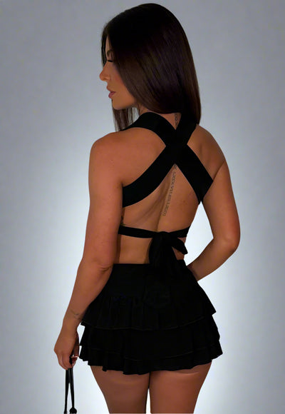 Halter Neck Backless Top And Ruffle Frilly Skirt Set Black