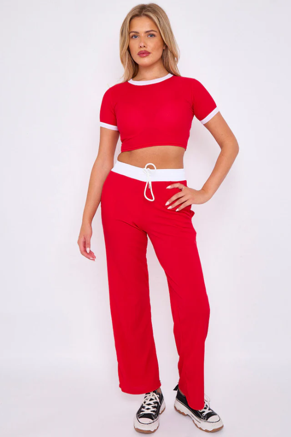 Red Ribbed Crop Top & Wide Leg Trouser Co-ord - Magnolia