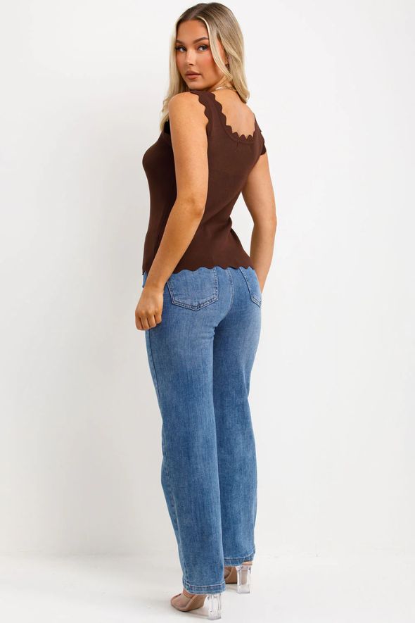Knitted Vest Top With Scalloped Neck Brown