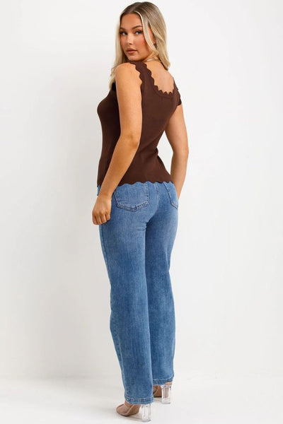 Knitted Vest Top With Scalloped Neck Brown