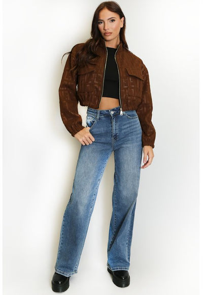 Cropped Print Suedette Bomber Jacket Brown