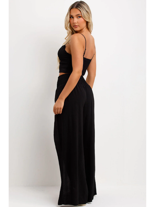 Wide Leg Trouser With Side Split And Top Set Black