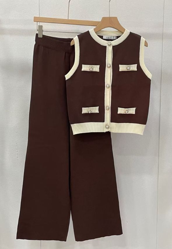 Ribbed Contrast Trim Waistcoat and Wide Trousers Set Brown