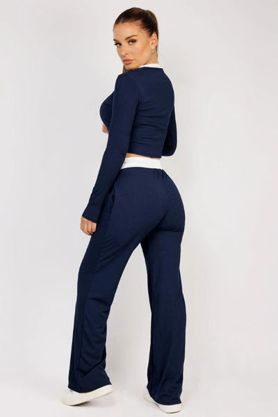 Navy Wide Leg Trousers and Long Sleeve Top Loungewear Set