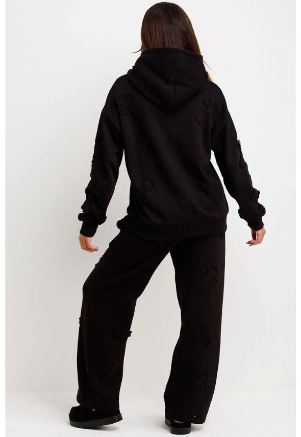 Crucifix Patch Hoodie And Joggers Tracksuit Lounge Set Black