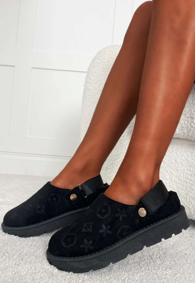Embossed Sling Back Borg Lined Mules Black