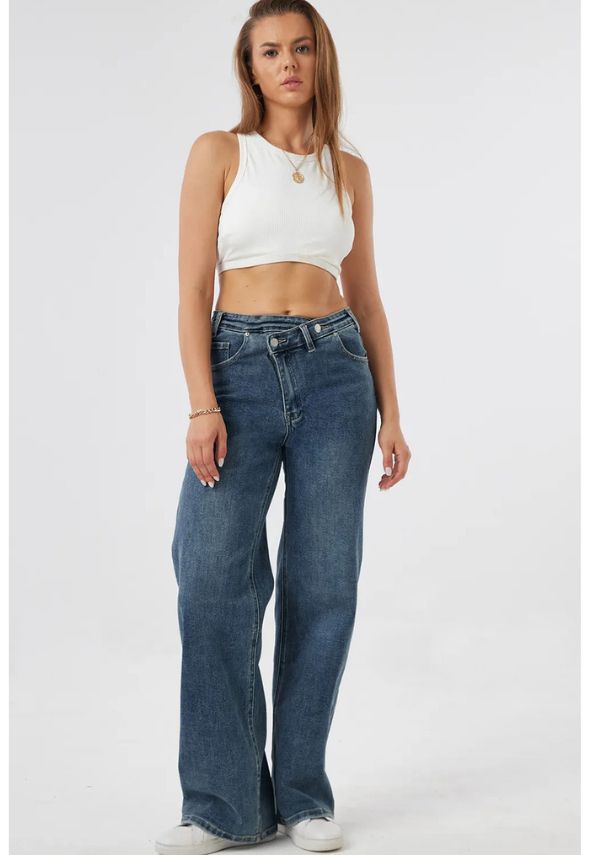 Overlap High Waist Dad Fit Jeans Stonewash