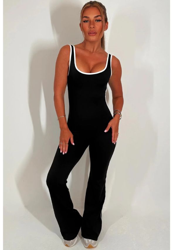 Skinny Flare Leg Jumpsuit With Open Back Black