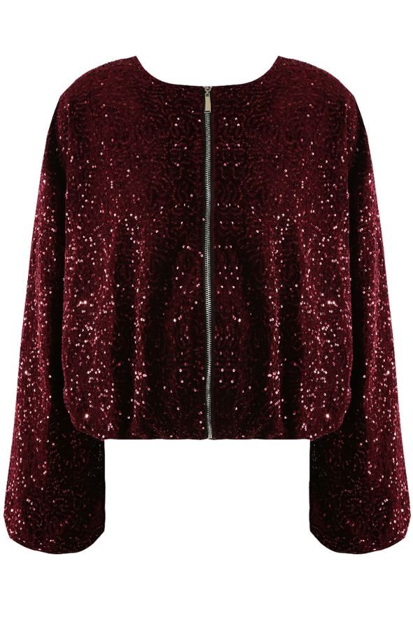Collarless Sequin Bomber Jacket Burgundy