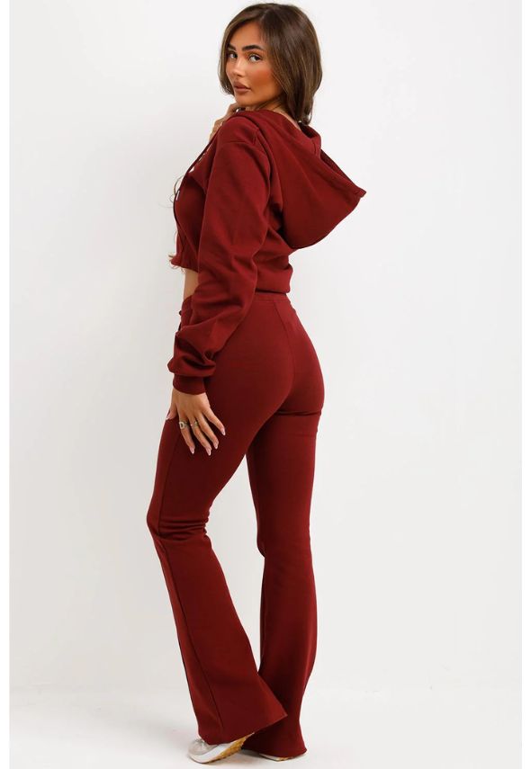 Crop Sweatshirt Hoodie And Bell Bottom Trousers Loungewear Burgundy