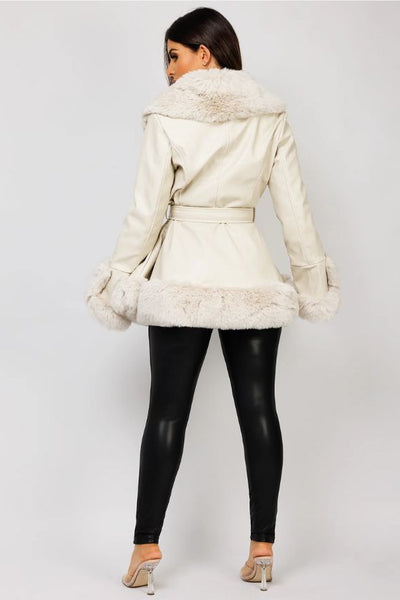 Beige Faux Fur Vegan Leather Swing Coat Jacket