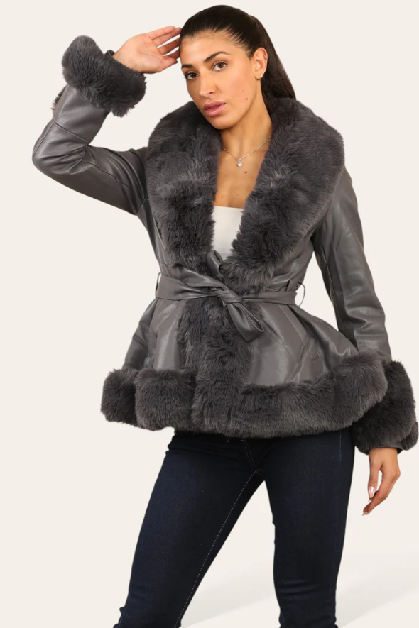 Faux Fur Trim Pu Swing Coat Grey