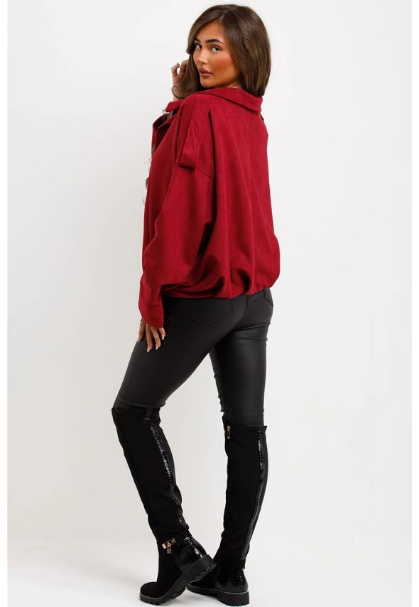 Faux Suede Puffed Bomber Jacket With Tabs Burgundy