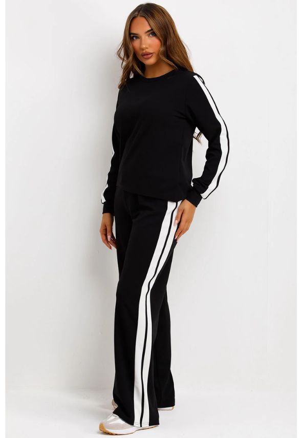 Jumper And Trousers Loungewear Set With Contrast Stripe Split Detail Black