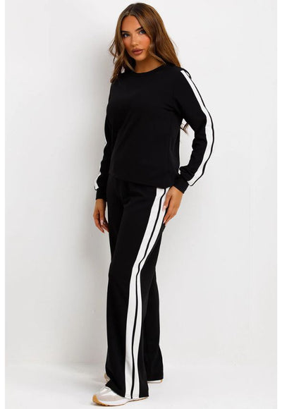 Jumper And Trousers Loungewear Set With Contrast Stripe Split Detail Black