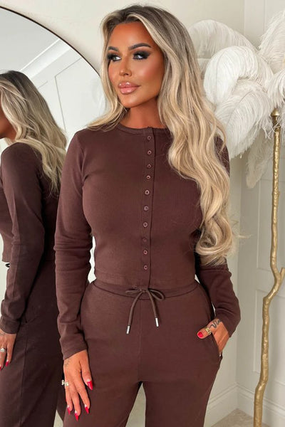 Brown Ribbed Long Sleeve Co-ord Set