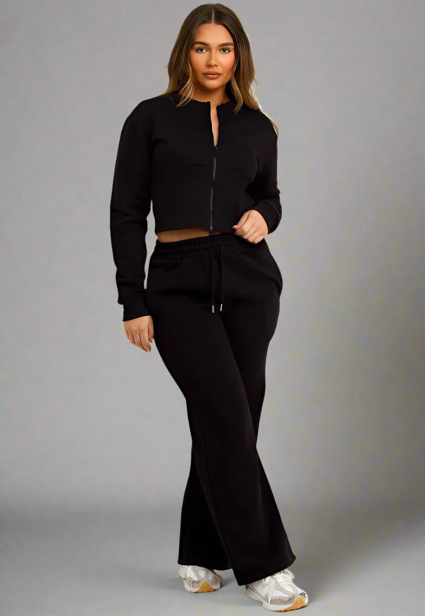 Corset Zip Up Crop Sweatshirt And Joggers Tracksuit Co Ord Set Black