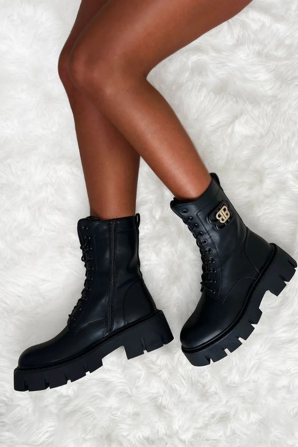 Black Faux Leather Large Buckle Lace Up Boots