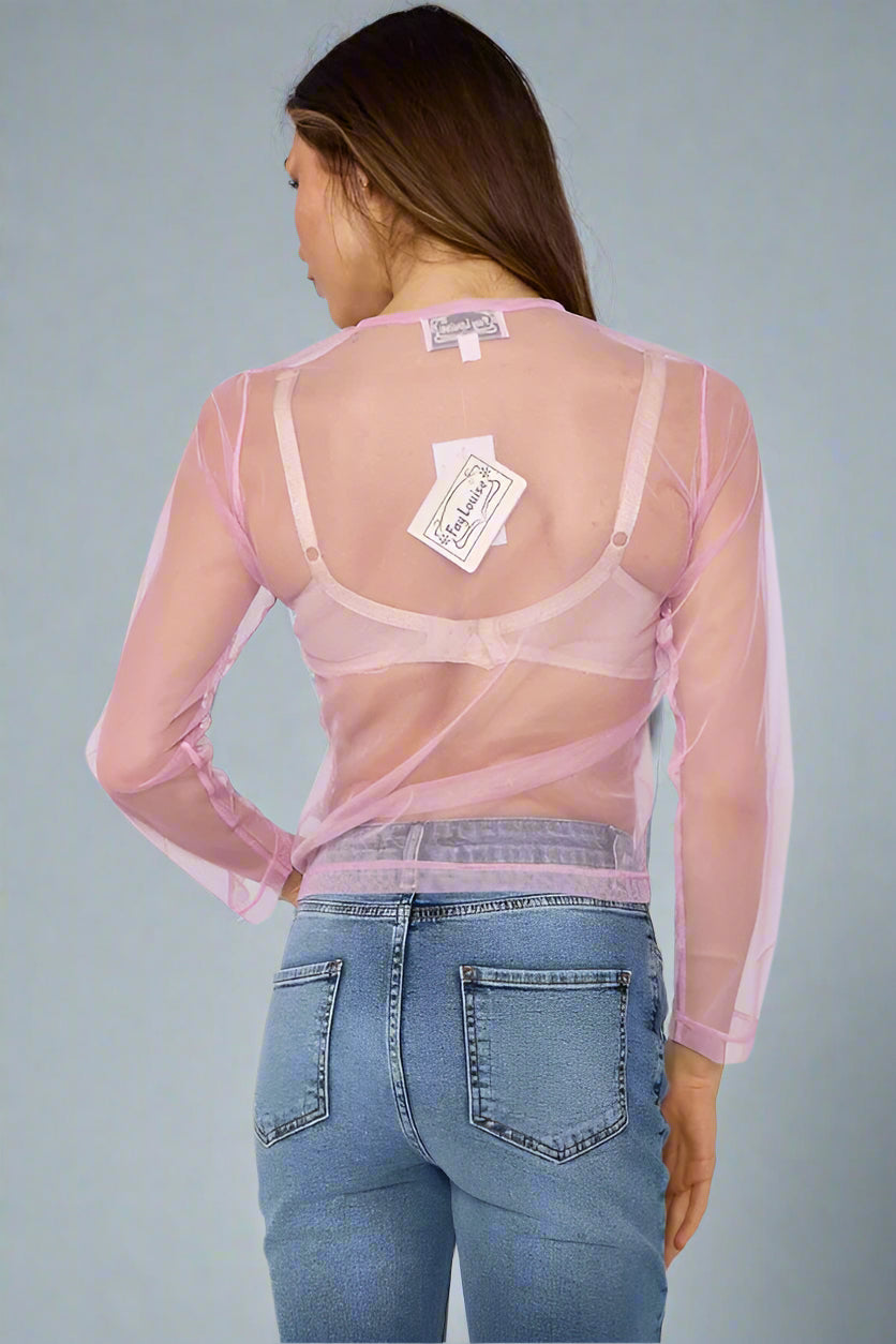 Mesh Button Through Long Sleeve Top Pink