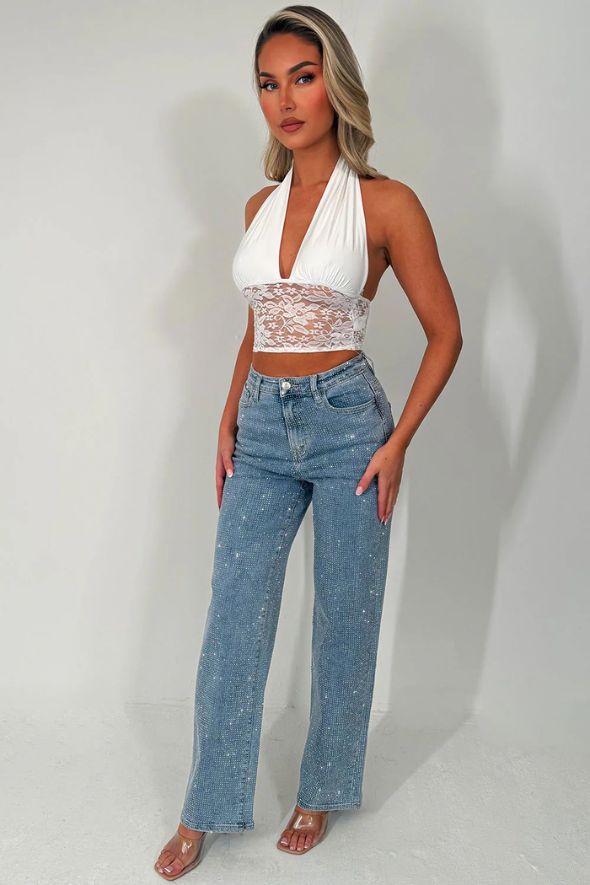White Plunge Halter Neck Crop Top With Lace Hem