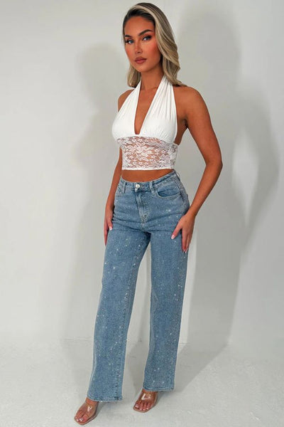 White Plunge Halter Neck Crop Top With Lace Hem