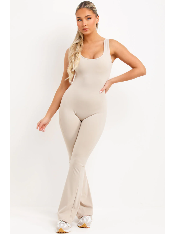 Skinny Flare Leg Jumpsuit Beige