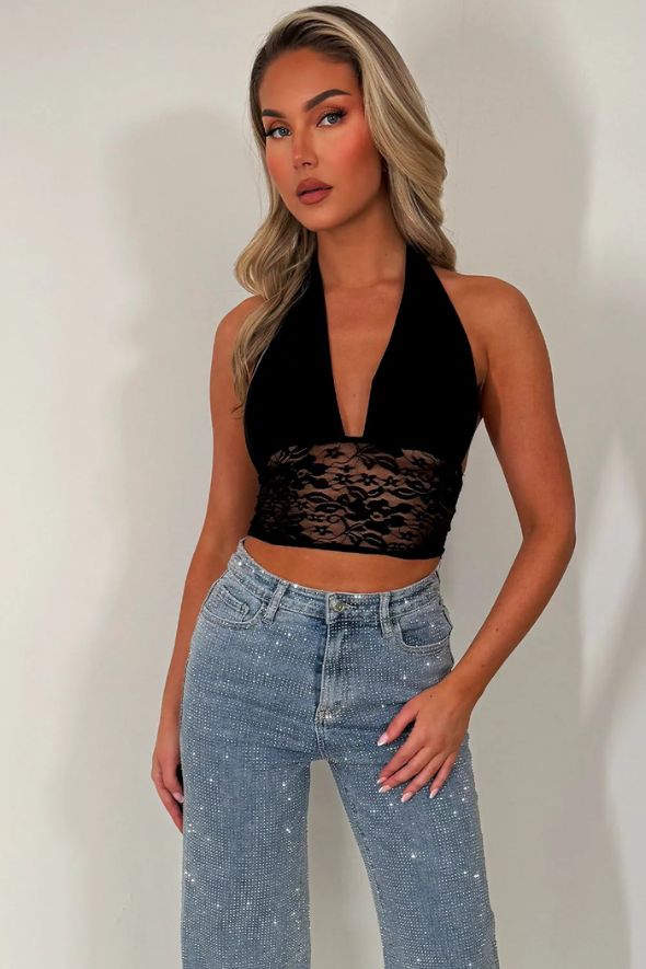Black Plunge Halter Neck Crop Top With Lace Hem