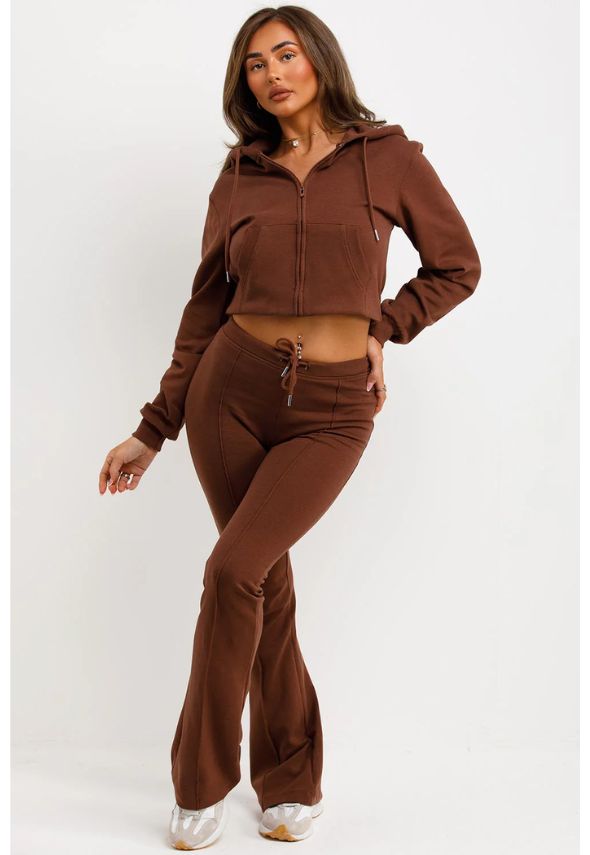 Crop Sweatshirt Hoodie And Bell Bottom Trousers Loungewear Brown