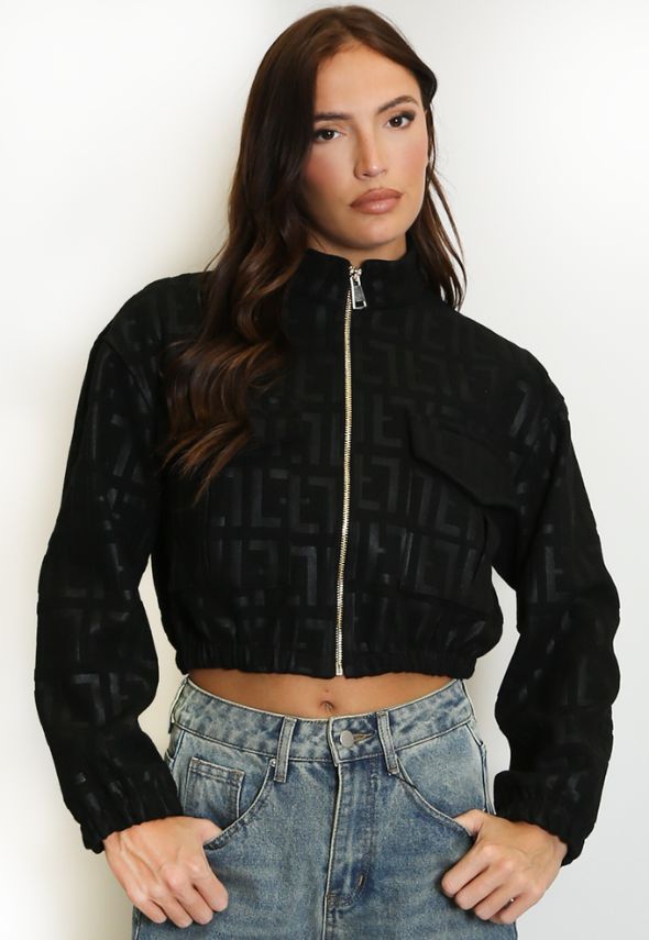 Cropped Print Suedette Bomber Jacket Black