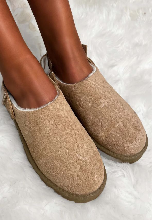 Embossed Sling Back Borg Lined Mules Beige