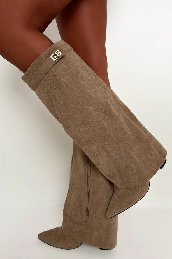 Taupe Faux Suede Fold Over Knee High Lock Shark Boots
