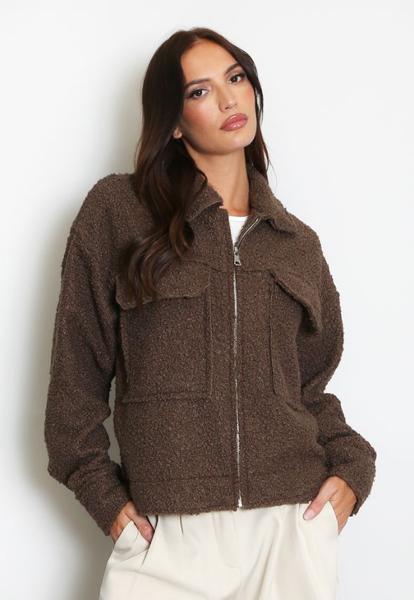 Fleece Jacket With Oversized Pockets Brown
